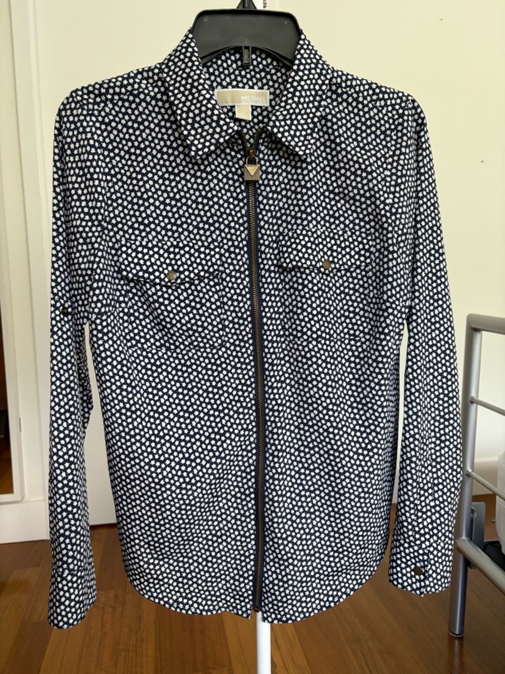 Michael Kors Navy and White Micro-Print Zip-Front Shirt